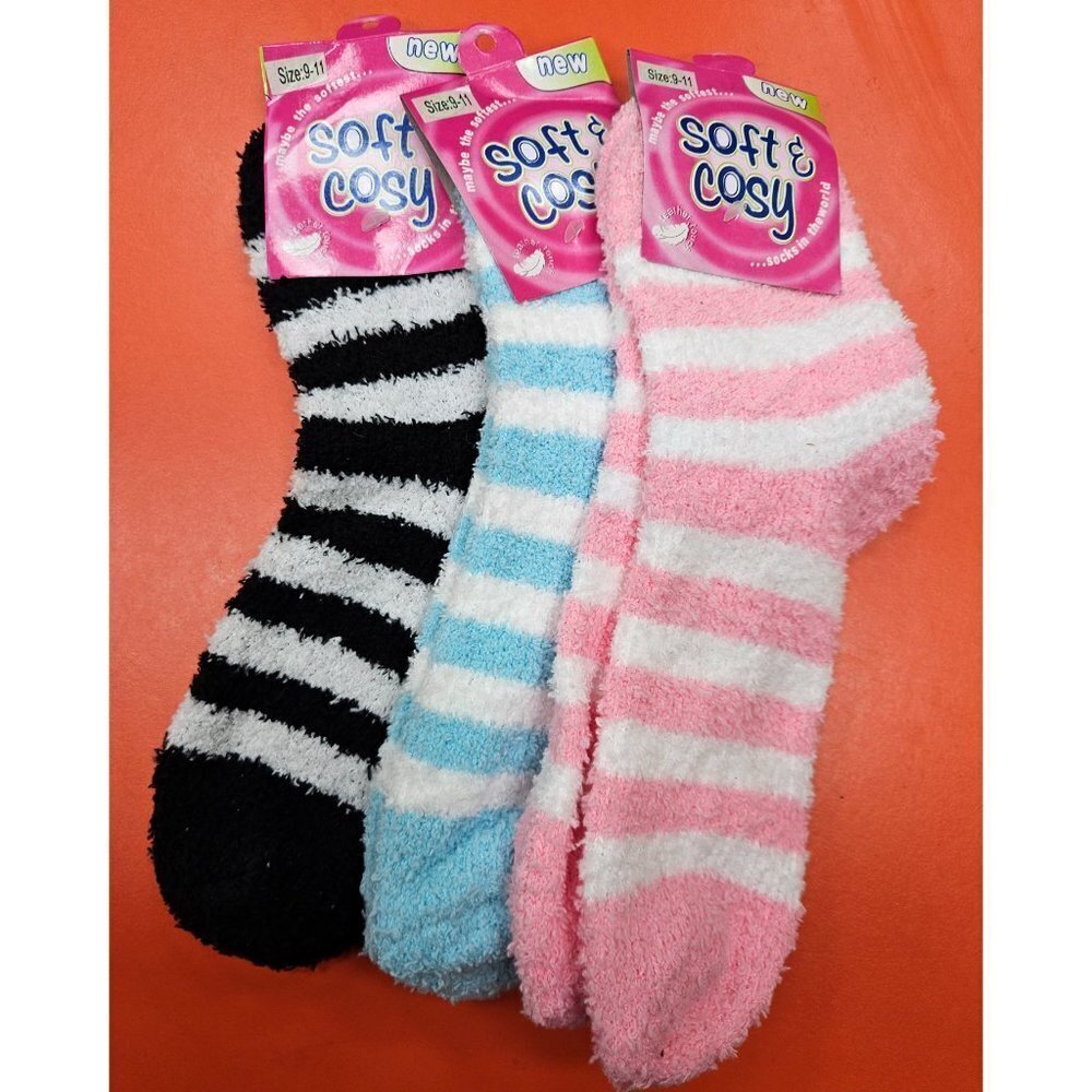 Women Slipper Socks 9-11 Fuzzy Super Soft Winter Non-Skid Cozy Stripe, 3 Pairs